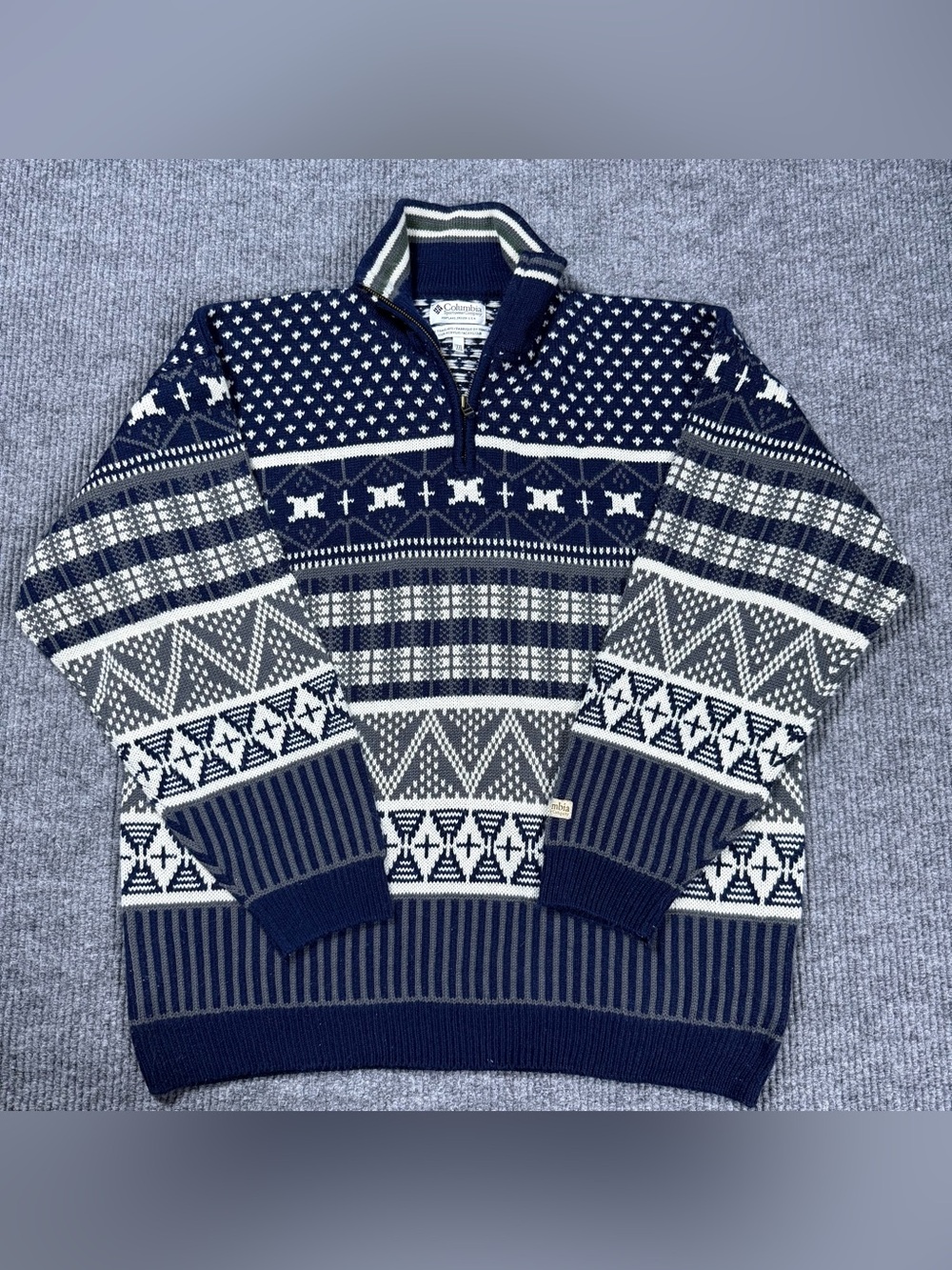 Vintage Columbia Sweater Mens Size 2XL Blue Fair Isle 1/4 Zip Long Sleeve Mens